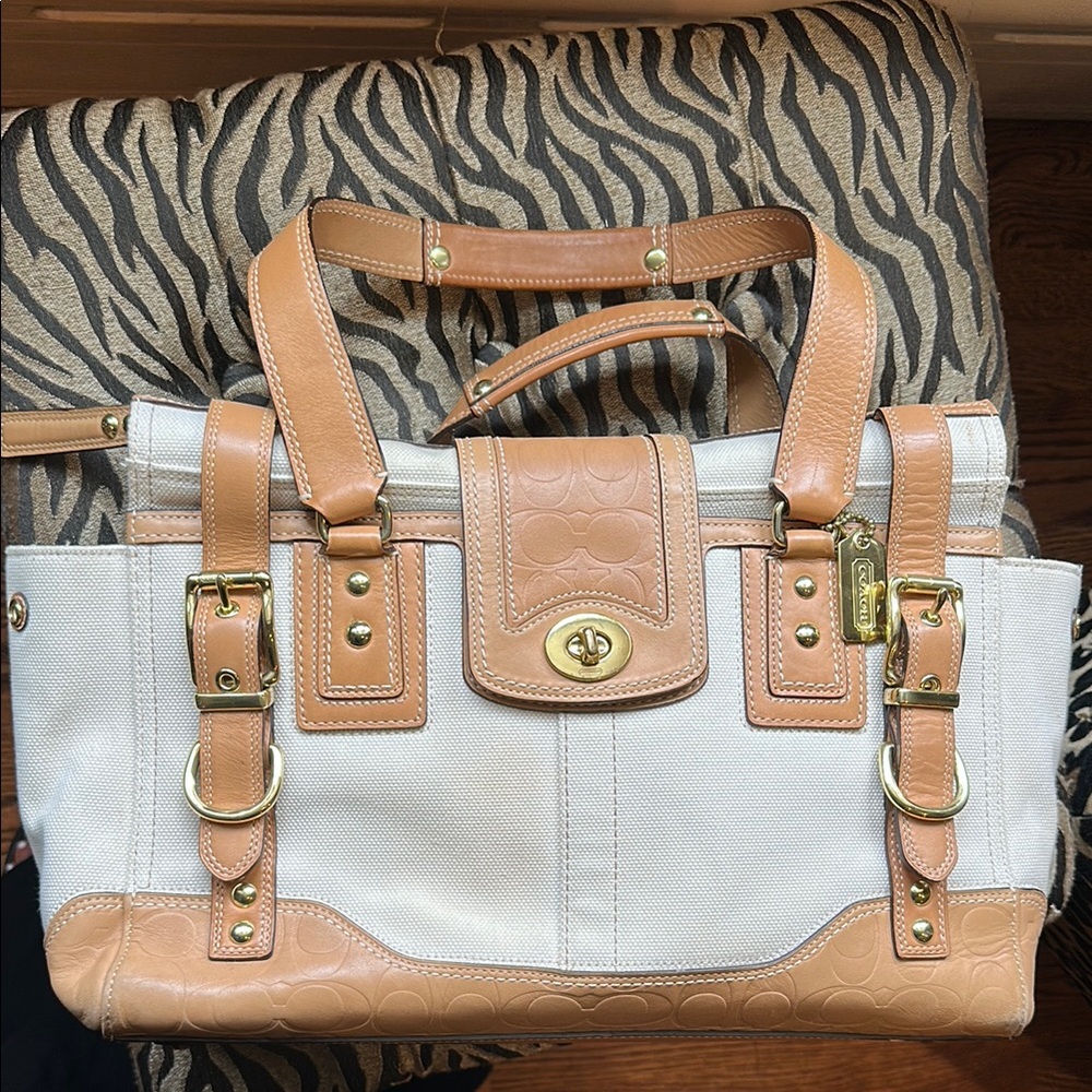 Coach Tan and Cream Satchel with gold Accents